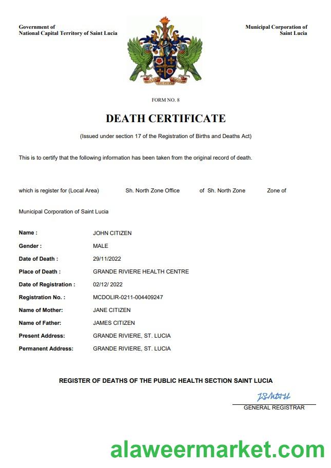 Saint Lucia death certificate Word and PDF template